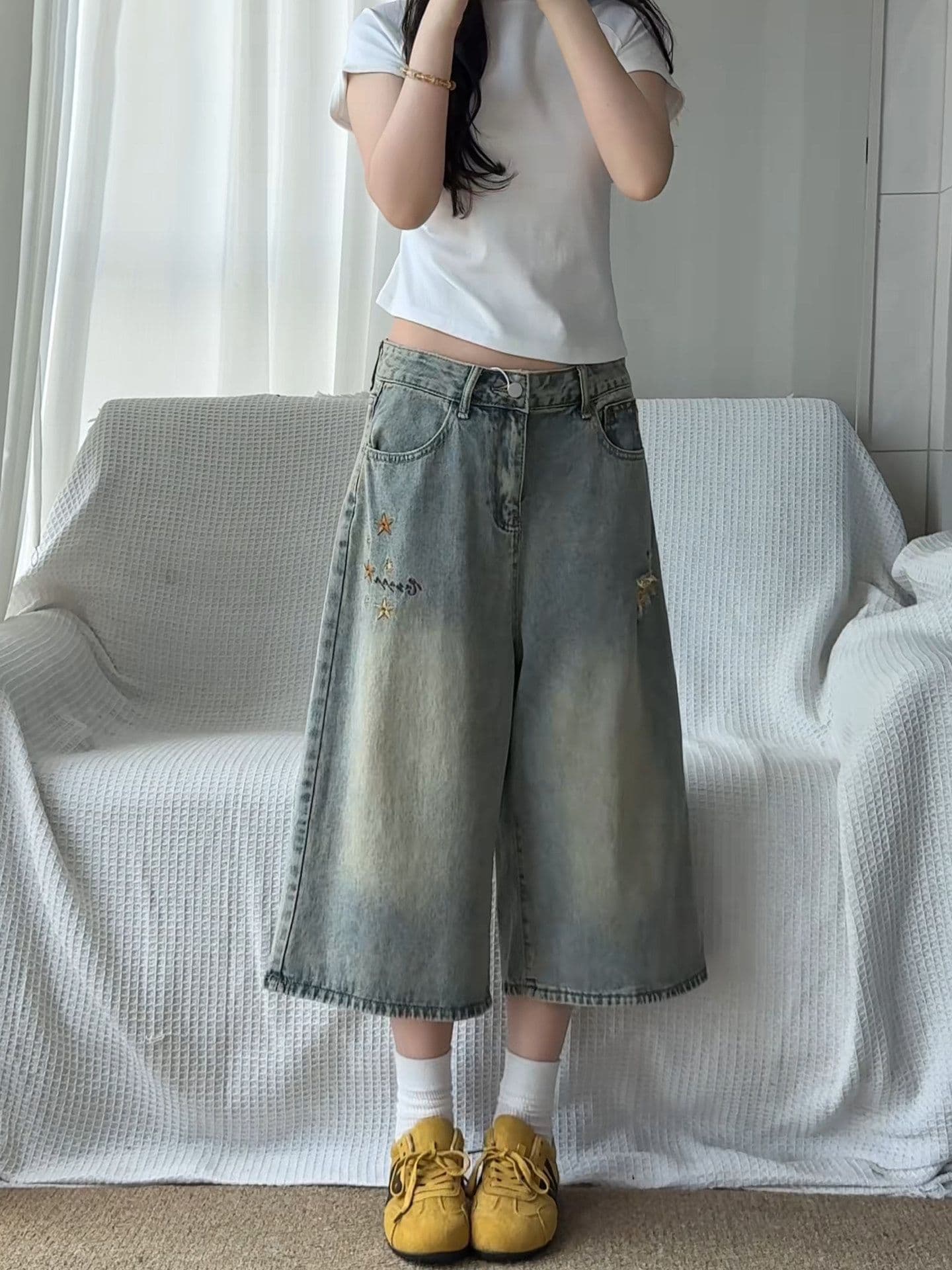 느긋한 바람 디자인 센스 별 7 점 청바지 봄 여름 새로운 루즈핏 다용도 개성 스트레이트 데님 7부 바지 상세 이미지 3