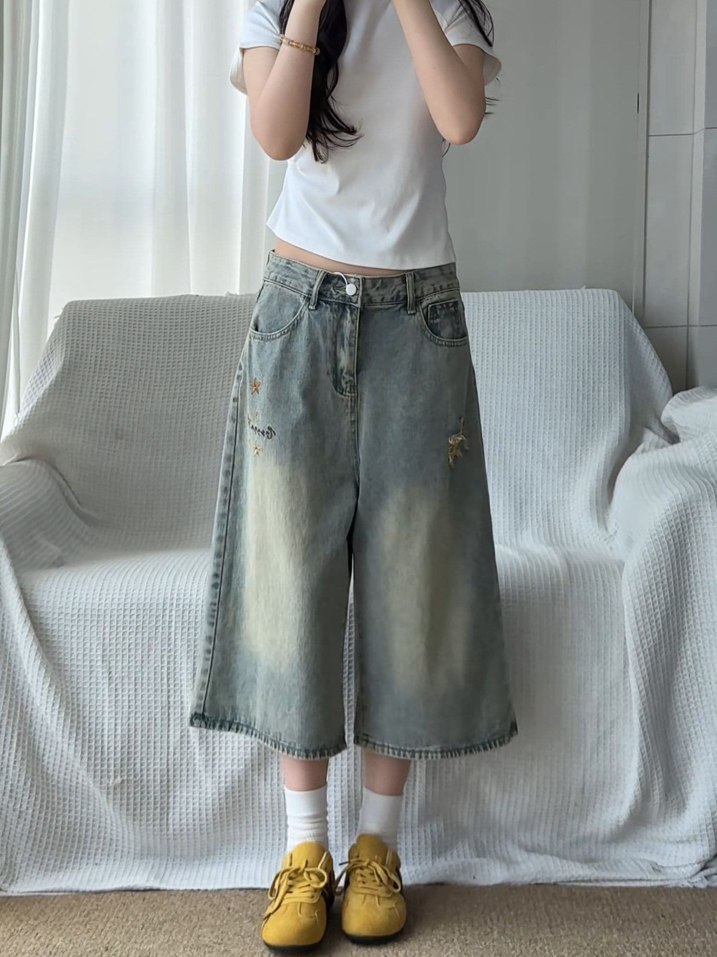 느긋한 바람 디자인 센스 별 7 점 청바지 봄 여름 새로운 루즈핏 다용도 개성 스트레이트 데님 7부 바지 상세 이미지 5