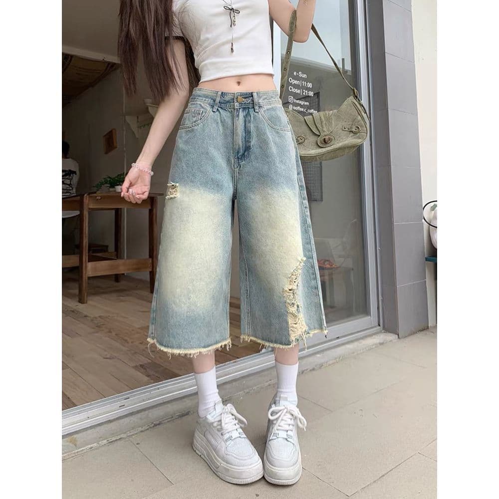 아메리칸 레트로 찢어진 부분 7부 바지 거친 가장자리 다용도 데님 디자인 여름 새로운 하이웨이스트 루즈핏 넓은 다리 슬림해 보이는 상세 이미지 1