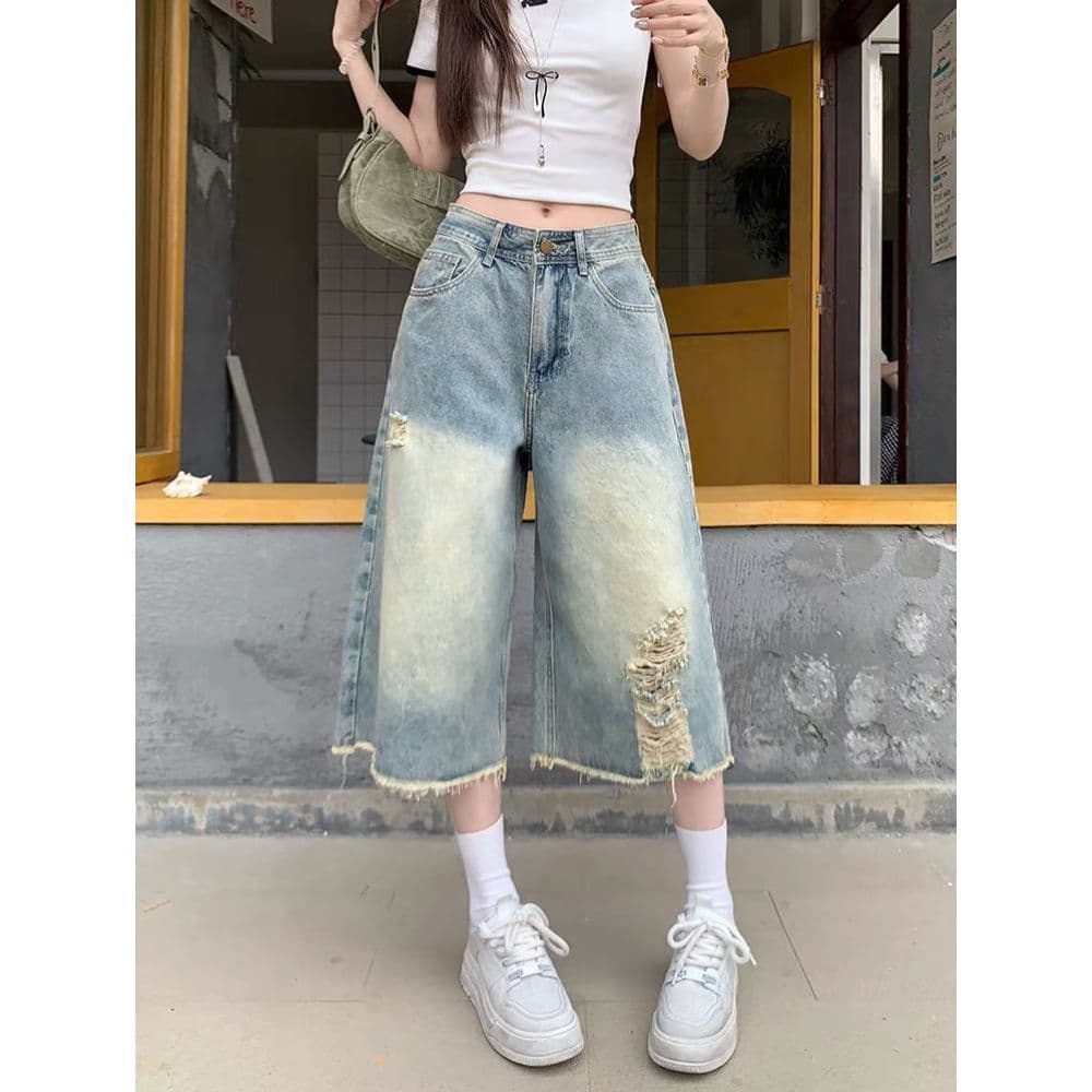 아메리칸 레트로 찢어진 부분 7부 바지 거친 가장자리 다용도 데님 디자인 여름 새로운 하이웨이스트 루즈핏 넓은 다리 슬림해 보이는 상세 이미지 5