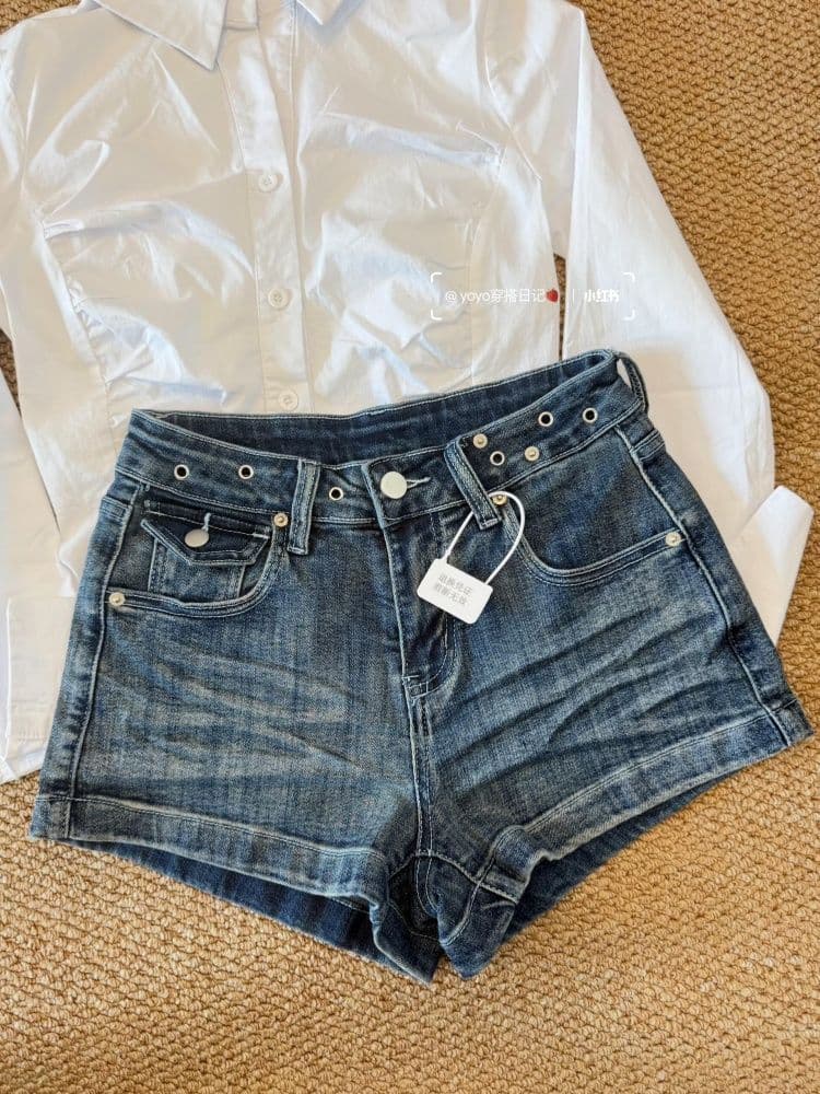 로우 웨이스트 주름 워싱 데님 반바지 여성 2026 여름 품격 섹시함 타이트 신축성 한 마디 리프트 엉덩이 핫 바지 상세 이미지 5