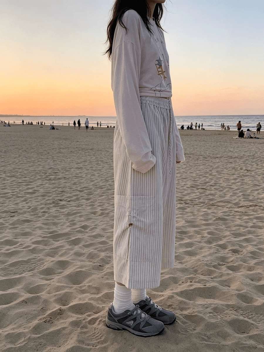 원본 셔틀 제직 스트라이프 스트레이트 캐주얼 바지 여성 여름 새로운 펌프 로프 한국 스타일 와이드 레그 팬츠 상세 이미지 4