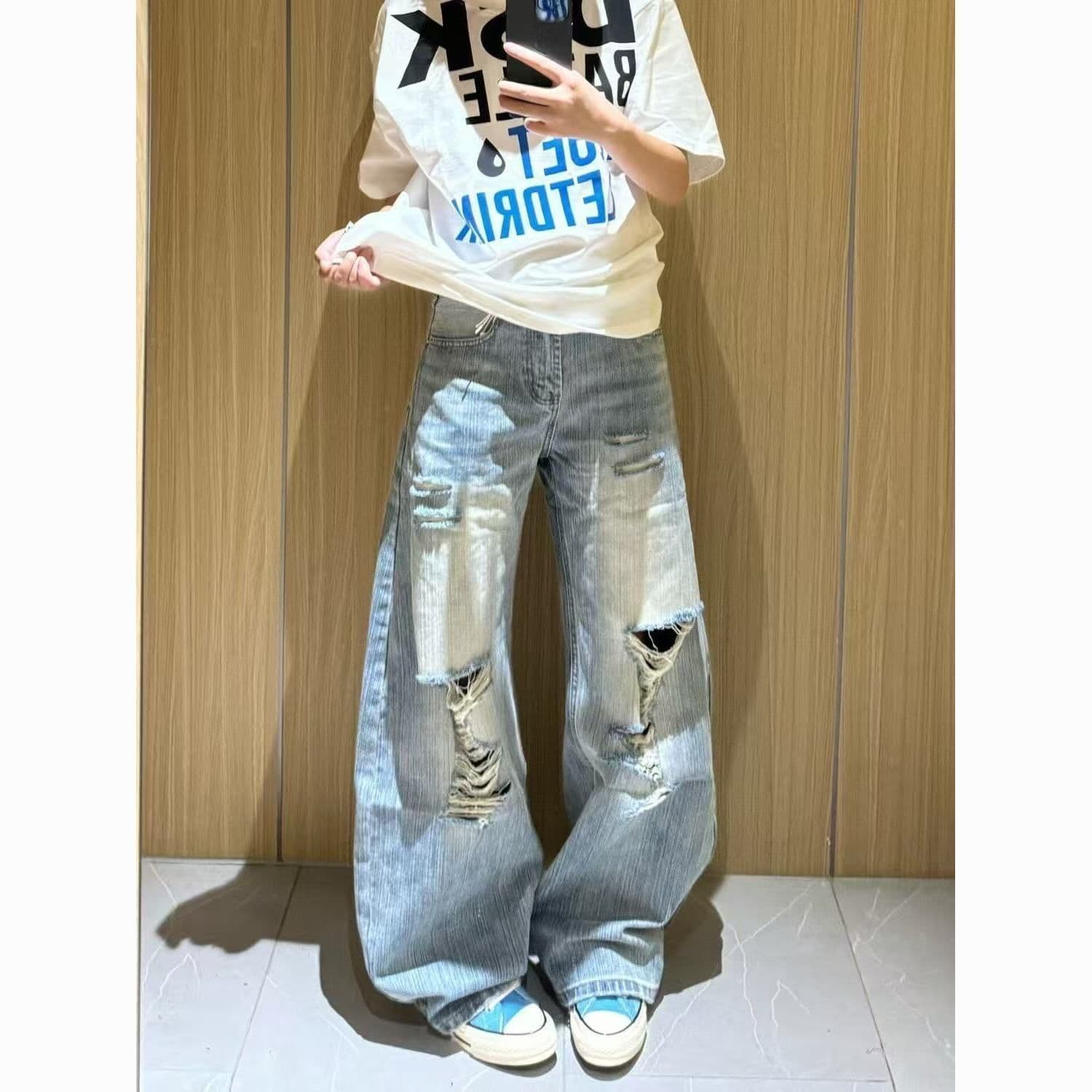 대나무 마디 곡물 찢어진 부분 청바지 여성 2026 여름 새로운 몸매 가꾸기 슬림해 보이는 모통이 칼 넓은 다리 바닥 청소 바지 상세 이미지 1