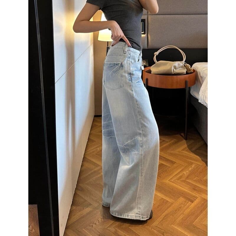 아메리칸 하늘색 워싱 고양이 반드시 넓은 다리 청바지 여성 2026 여름 새로운 루즈핏 슬림해 보이는 스트레이트 긴 바지 이미지 2