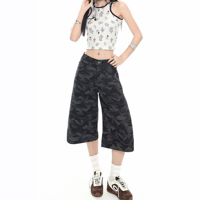 트렌드 다용도 카모플라주 넓은 다리 데님 7부 바지 봄 여름 새로운 출퇴근 워크웨어 스트레이트 데님 7부 바지 이미지 3