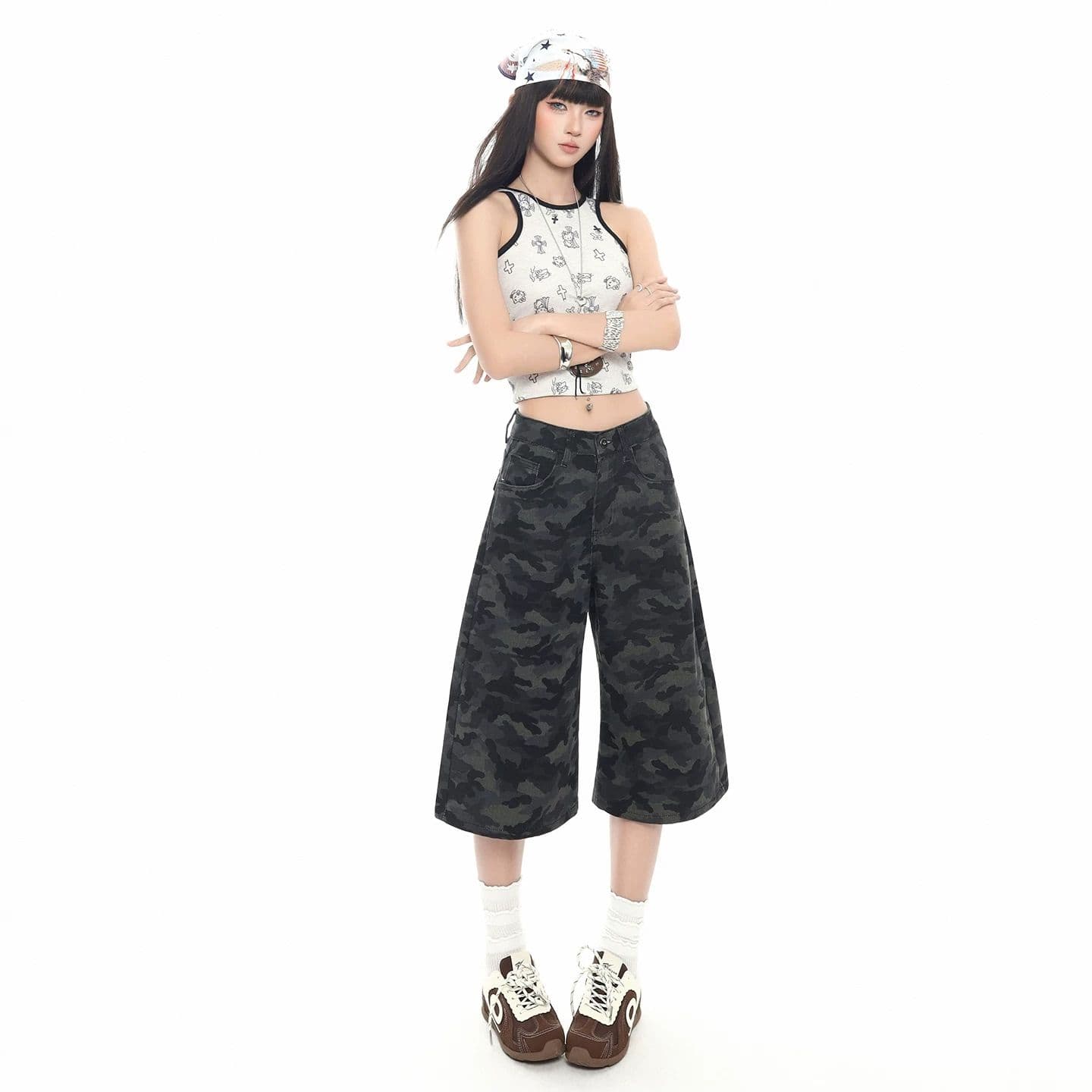 트렌드 다용도 카모플라주 넓은 다리 데님 7부 바지 봄 여름 새로운 출퇴근 워크웨어 스트레이트 데님 7부 바지 상세 이미지 2