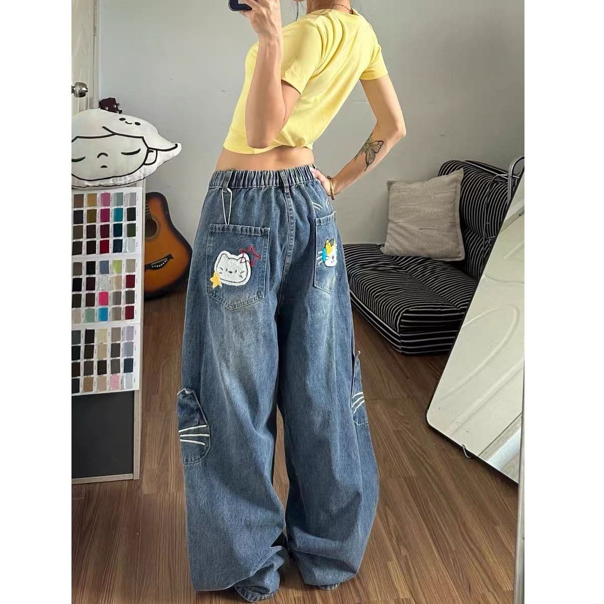 어린애 같은 새끼 고양이 자수 주머니 청바지 여성 만화 바람 연령 감소 아메리칸 루즈핏 넓은 다리 거리 캐주얼 롱 바지 이미지 2