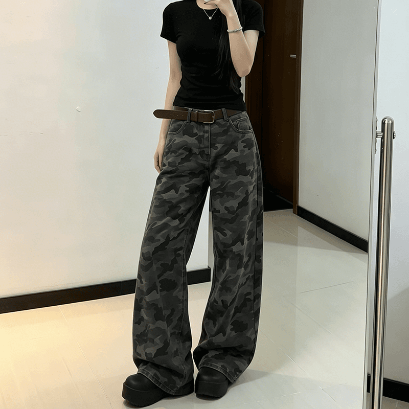 웃음 하 거리 카모플라주 워크웨어 넓은 다리 청바지 여성 봄 가을 새로운 도루 센스 패션 바닥 청소 청바지 트렌디 상세 이미지 6