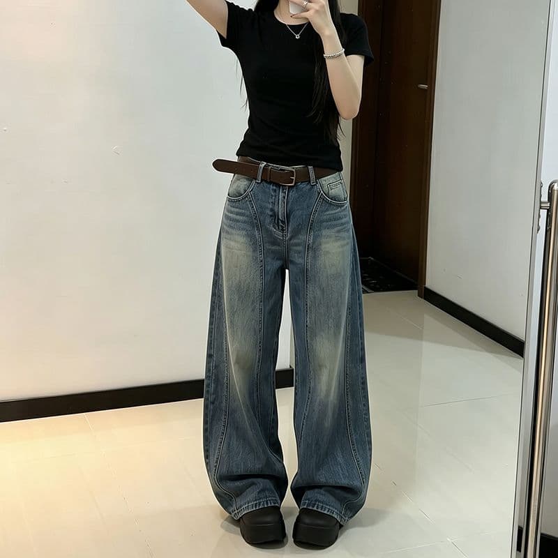 트렌드 다용도 작은 대중 넓은 다리 청바지 여성 봄과 가을 새로운 슬림해 보이는 하이웨이스트 패션 루즈핏 바닥 청소 청바지 이미지 2