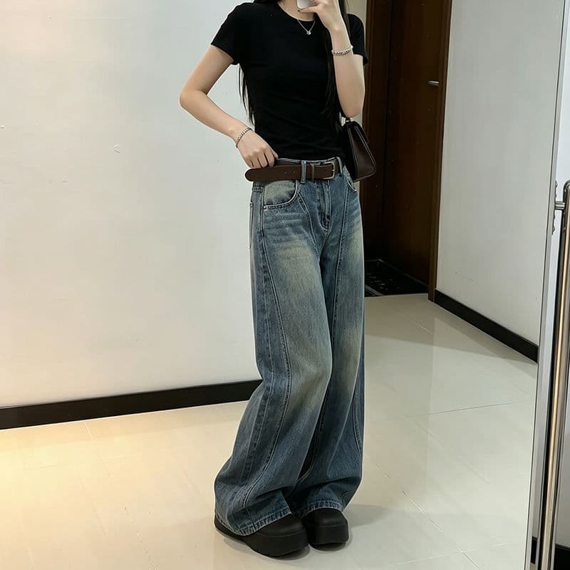 트렌드 다용도 작은 대중 넓은 다리 청바지 여성 봄과 가을 새로운 슬림해 보이는 하이웨이스트 패션 루즈핏 바닥 청소 청바지 이미지 3