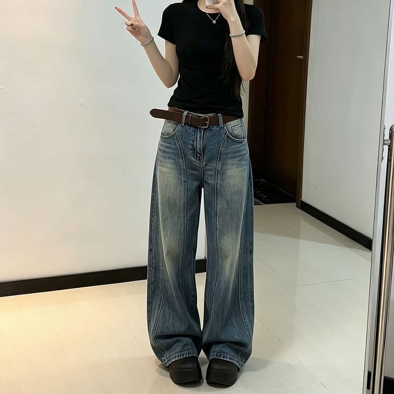 트렌드 다용도 작은 대중 넓은 다리 청바지 여성 봄과 가을 새로운 슬림해 보이는 하이웨이스트 패션 루즈핏 바닥 청소 청바지 이미지 4