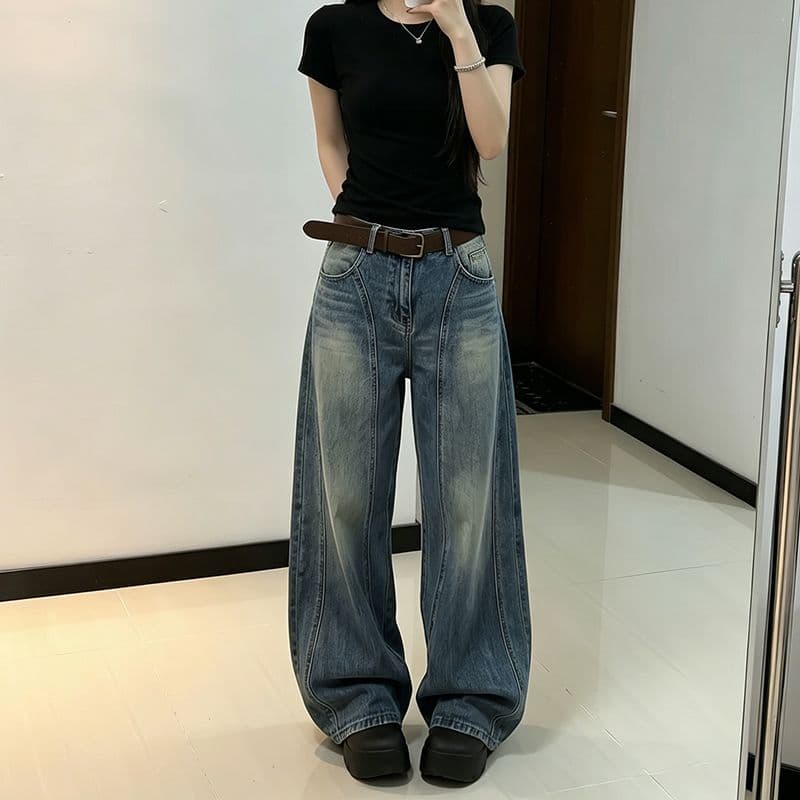 트렌드 다용도 작은 대중 넓은 다리 청바지 여성 봄과 가을 새로운 슬림해 보이는 하이웨이스트 패션 루즈핏 바닥 청소 청바지 이미지 5