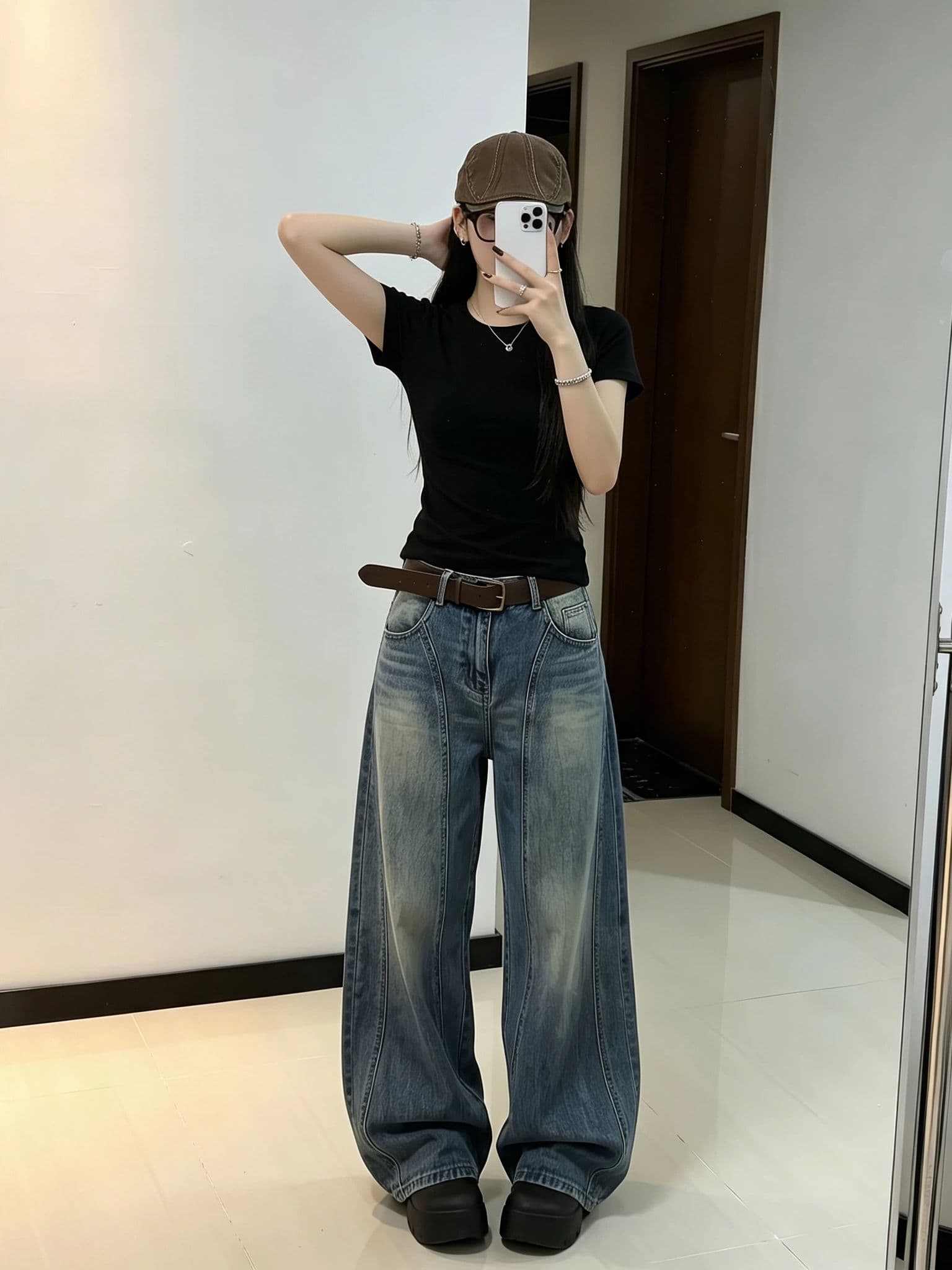 트렌드 다용도 작은 대중 넓은 다리 청바지 여성 봄과 가을 새로운 슬림해 보이는 하이웨이스트 패션 루즈핏 바닥 청소 청바지 상세 이미지 2