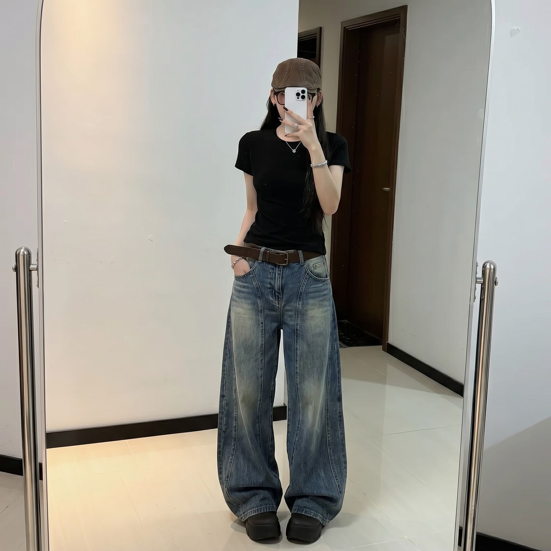 트렌드 다용도 작은 대중 넓은 다리 청바지 여성 봄과 가을 새로운 슬림해 보이는 하이웨이스트 패션 루즈핏 바닥 청소 청바지 상세 이미지 3