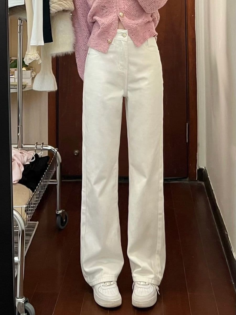 화이트 넓은 다리 청바지 여성 하이웨이스트 한 부서 ins 새로운 루즈핏 슬림해 보이는 스트레이트 도루 센스 바닥 청소 바지 상세 이미지 2