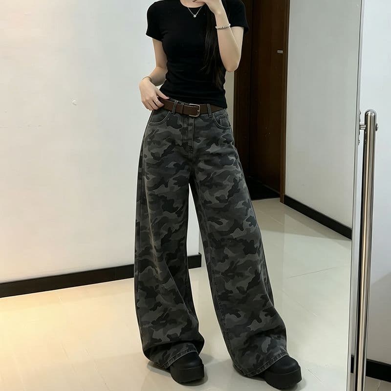 웃음 하 거리 카모플라주 워크웨어 넓은 다리 청바지 여성 봄 가을 새로운 도루 센스 패션 바닥 청소 청바지 트렌디 이미지 4