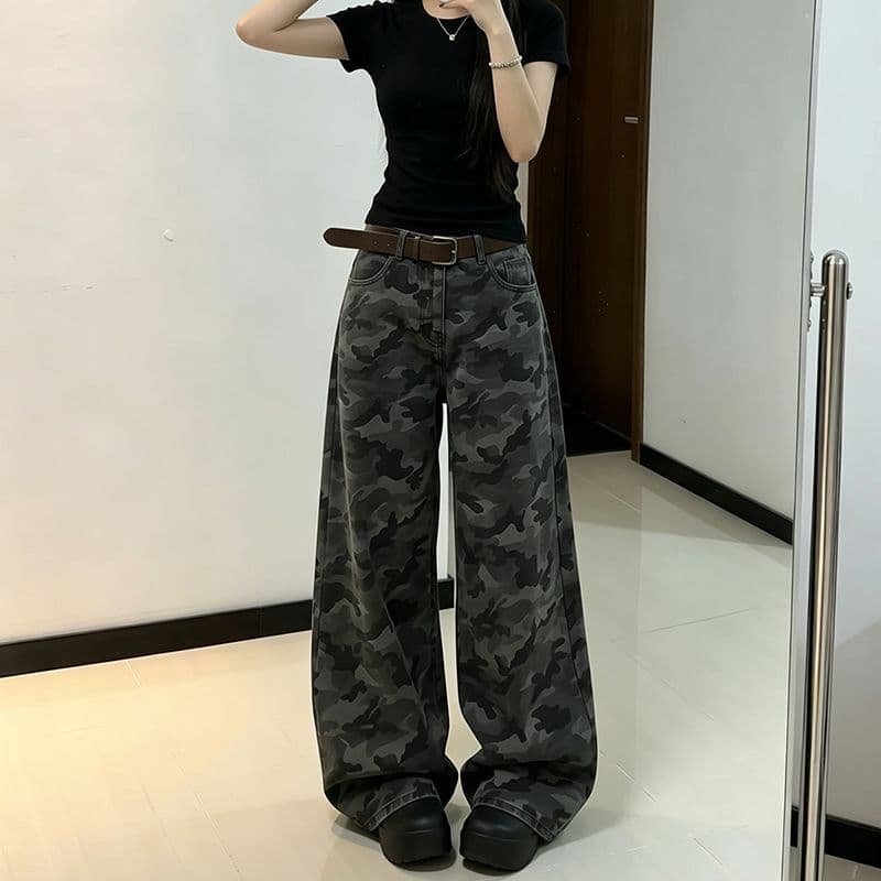 웃음 하 거리 카모플라주 워크웨어 넓은 다리 청바지 여성 봄 가을 새로운 도루 센스 패션 바닥 청소 청바지 트렌디