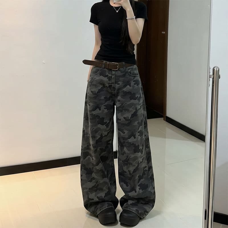 웃음 하 거리 카모플라주 워크웨어 넓은 다리 청바지 여성 봄 가을 새로운 도루 센스 패션 바닥 청소 청바지 트렌디 상세 이미지 3