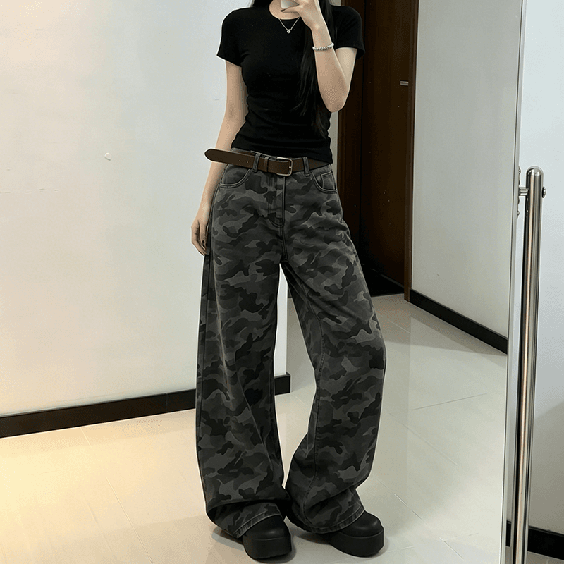 웃음 하 거리 카모플라주 워크웨어 넓은 다리 청바지 여성 봄 가을 새로운 도루 센스 패션 바닥 청소 청바지 트렌디 상세 이미지 7