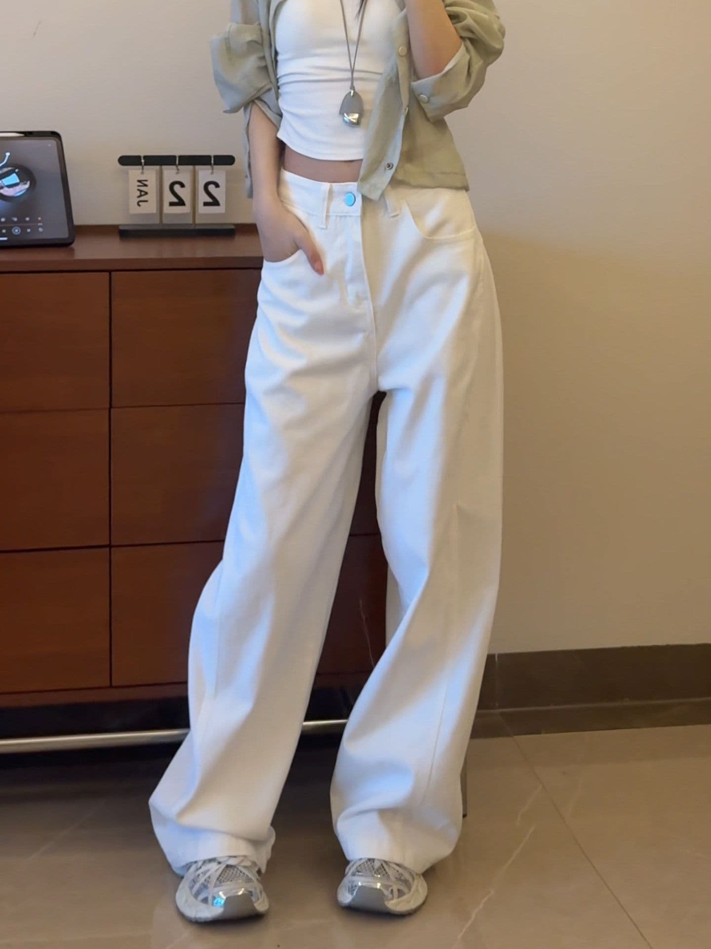 하라주쿠 스타일 품격 캐주얼 넓은 다리 청바지 여성 봄 가을 새로운 루즈핏 패션 ins 트렌디 스트레이트 청바지 상세 이미지 4