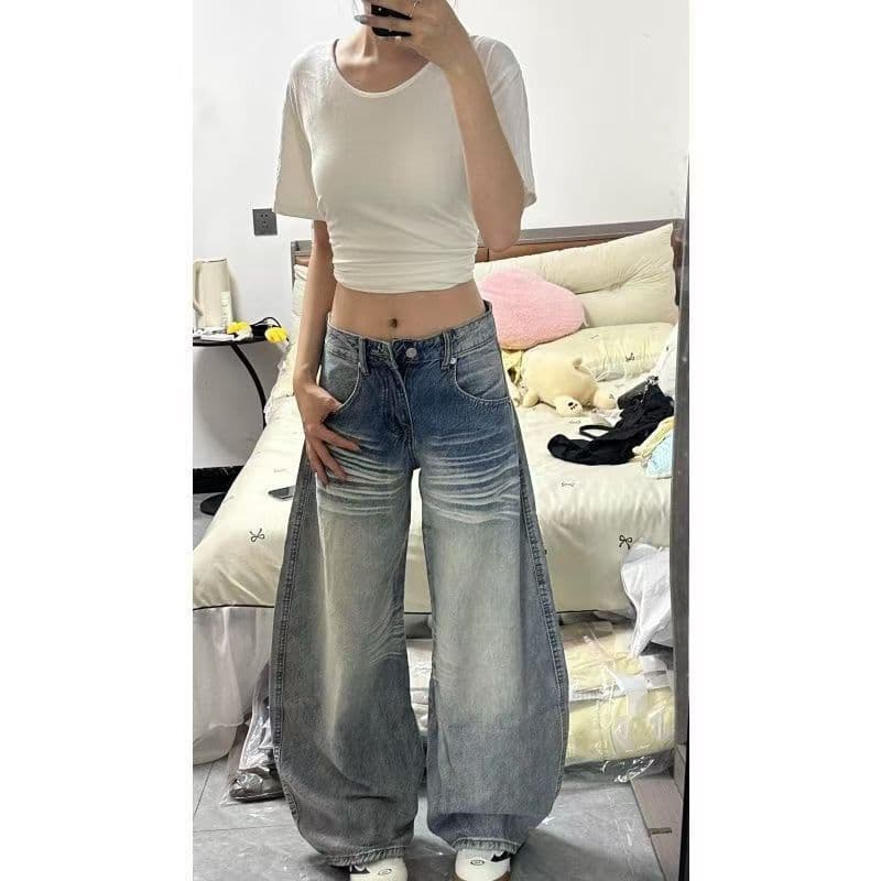 디자인 센스 주머니 자수 모통이 칼 청바지 여성 작은 키 로우 웨이스트 루즈핏 배 모양 슬림해 보이는 스트레이트 넓은 다리 길이 바지
