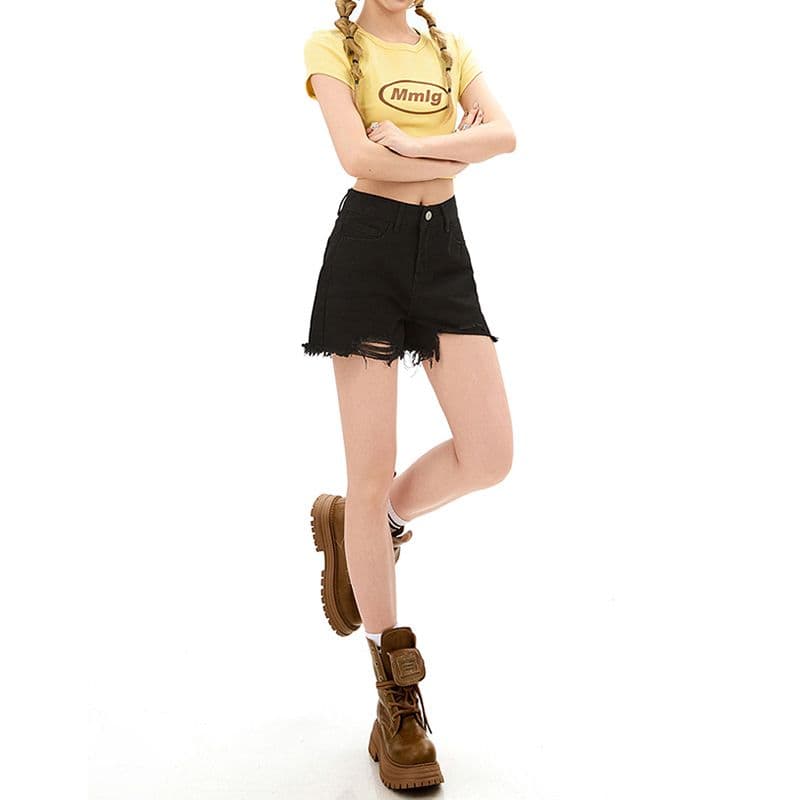 찢어진 부분 데님 반바지 여성 봄 여름 새로운 몸매 가꾸기 슬림해 보이는 개성 루즈핏 거친 가장자리 하이웨이스트 스트레이트 데님 핫 바지 이미지 4