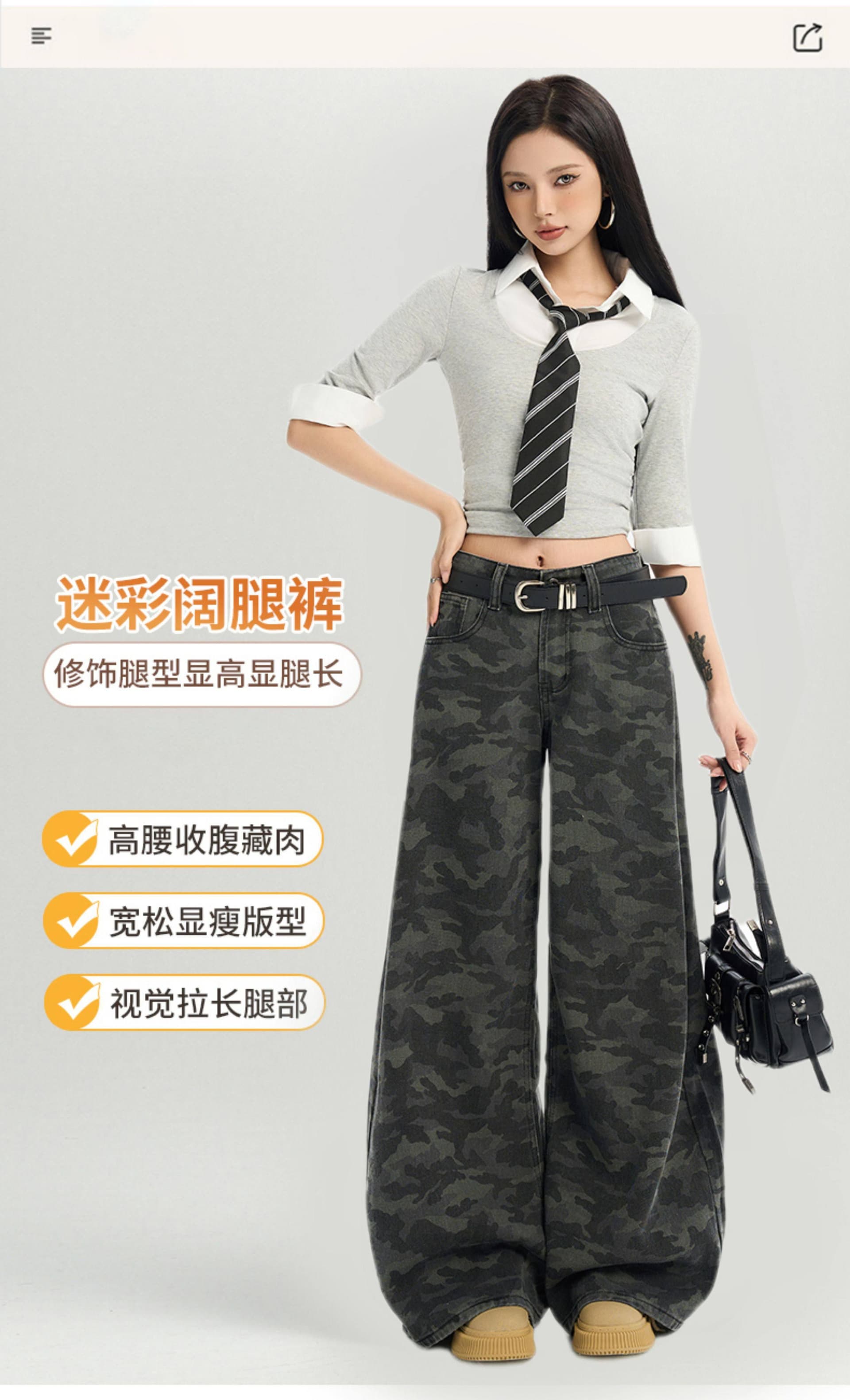 트렌드 카모플라주 워크웨어 넓은 다리 청바지 여성 봄 가을 새로운 도루 센스 중성 다용도 패션 바닥 청소 청바지 상세 이미지 3