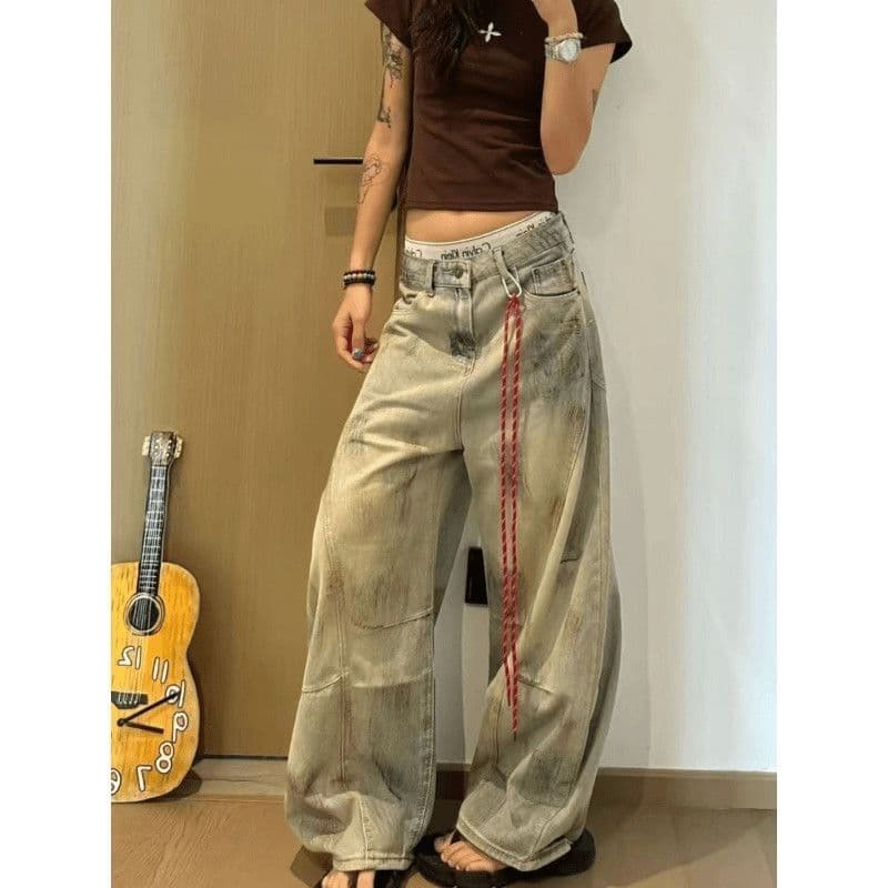 아메리칸 레트로 핫걸 웃음 하 더러운 염색 마 오래된 청바지 여성 가을 새로운 루즈핏 모통이 칼 와이드 레그 팬츠 상세 이미지 2