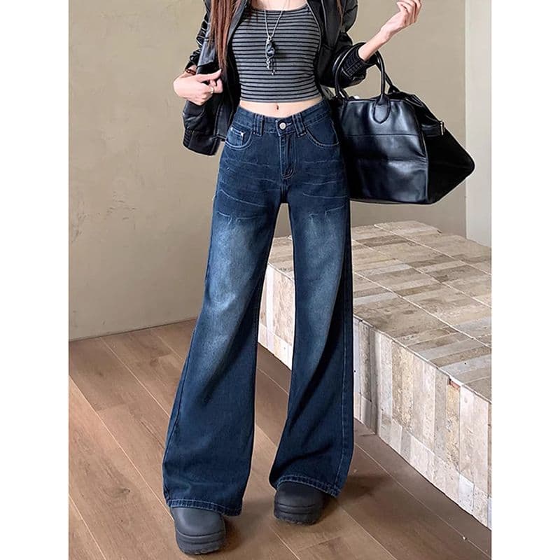 느긋한 바람 ins 트렌디 넓은 다리 청바지 여성 봄 가을 새로운 디자인 센스 루즈핏 슬림해 보이는 워싱 스트레이트 청바지