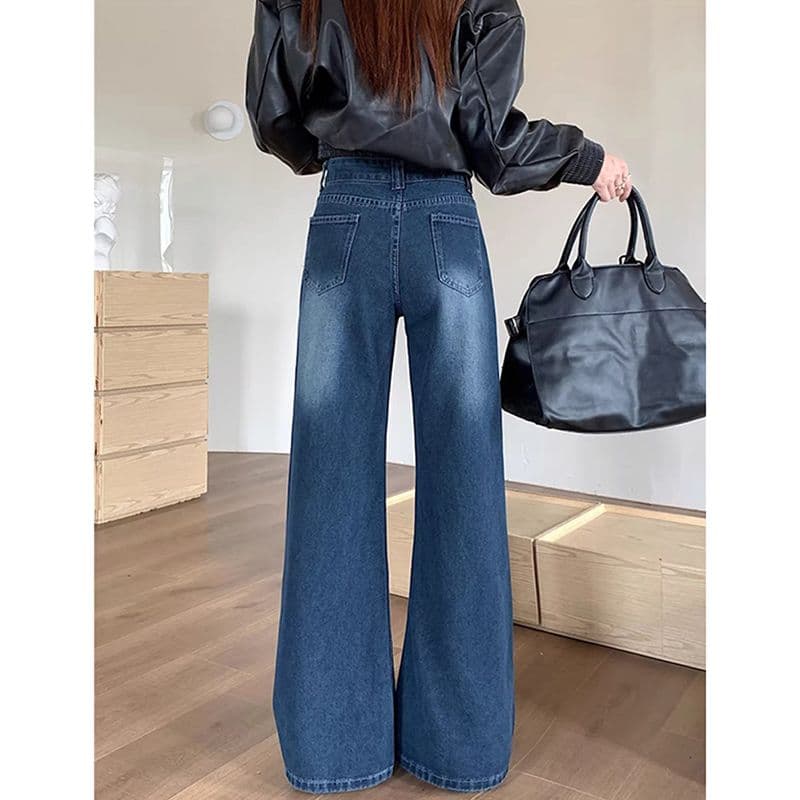 느긋한 바람 ins 트렌디 넓은 다리 청바지 여성 봄 가을 새로운 디자인 센스 루즈핏 슬림해 보이는 워싱 스트레이트 청바지 이미지 3