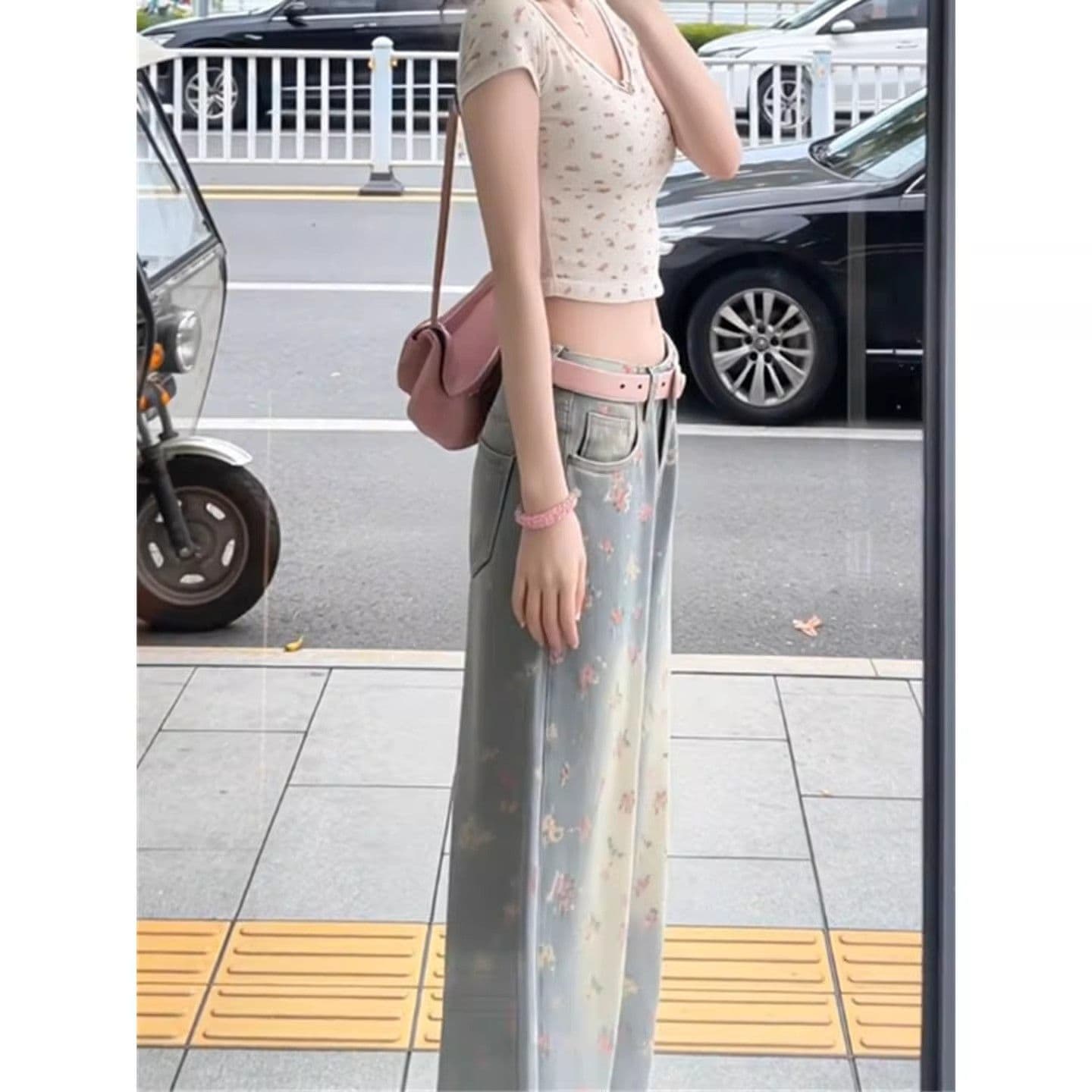 아메리칸 레트로 꽃무늬 하이웨이스트 단추 지퍼 청바지 여성 봄 가을 디자인 센스 마 오래된 워싱 다용도 긴 바지 트렌디 이미지 4