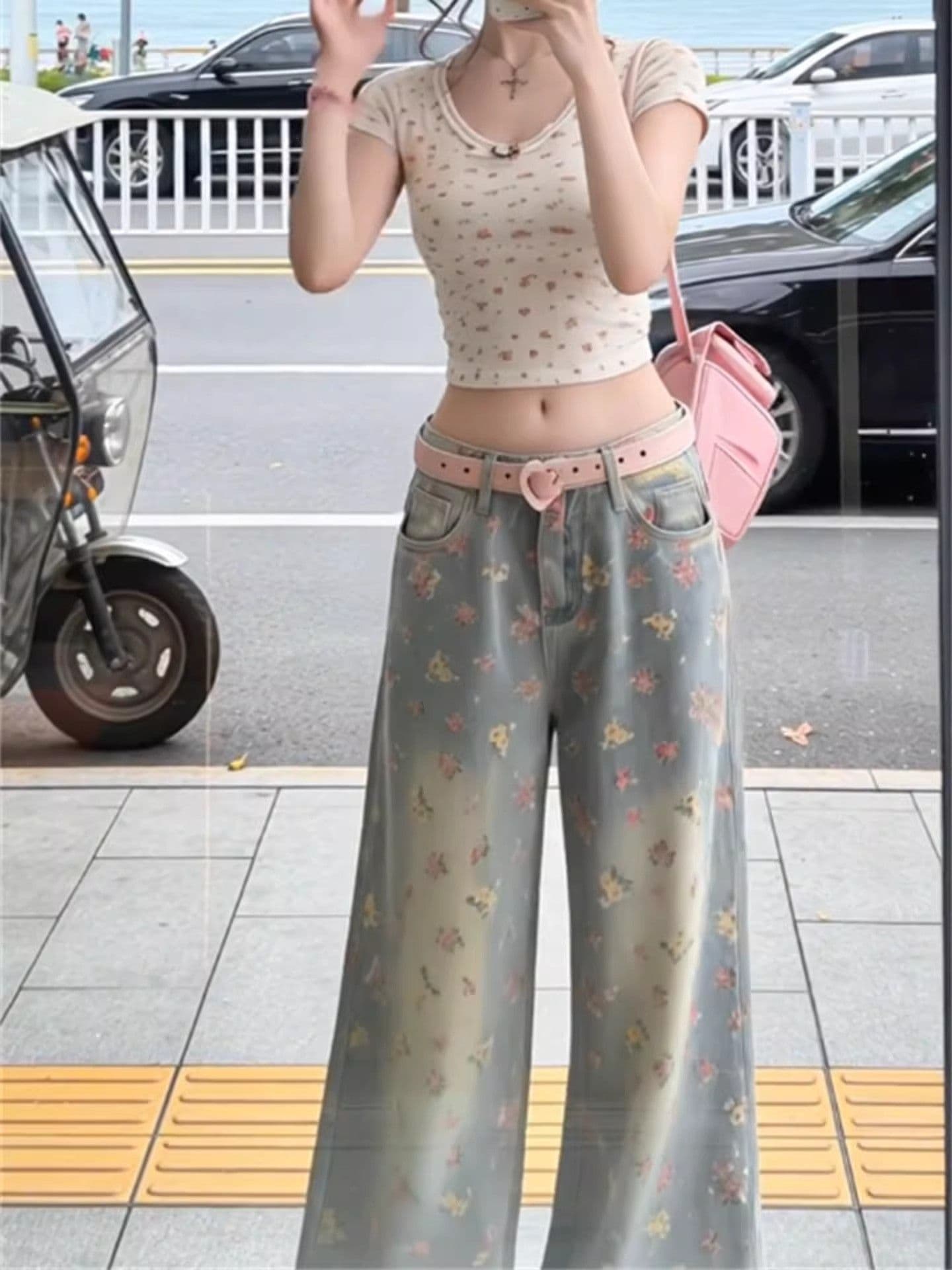아메리칸 레트로 꽃무늬 하이웨이스트 단추 지퍼 청바지 여성 봄 가을 디자인 센스 마 오래된 워싱 다용도 긴 바지 트렌디 상세 이미지 3