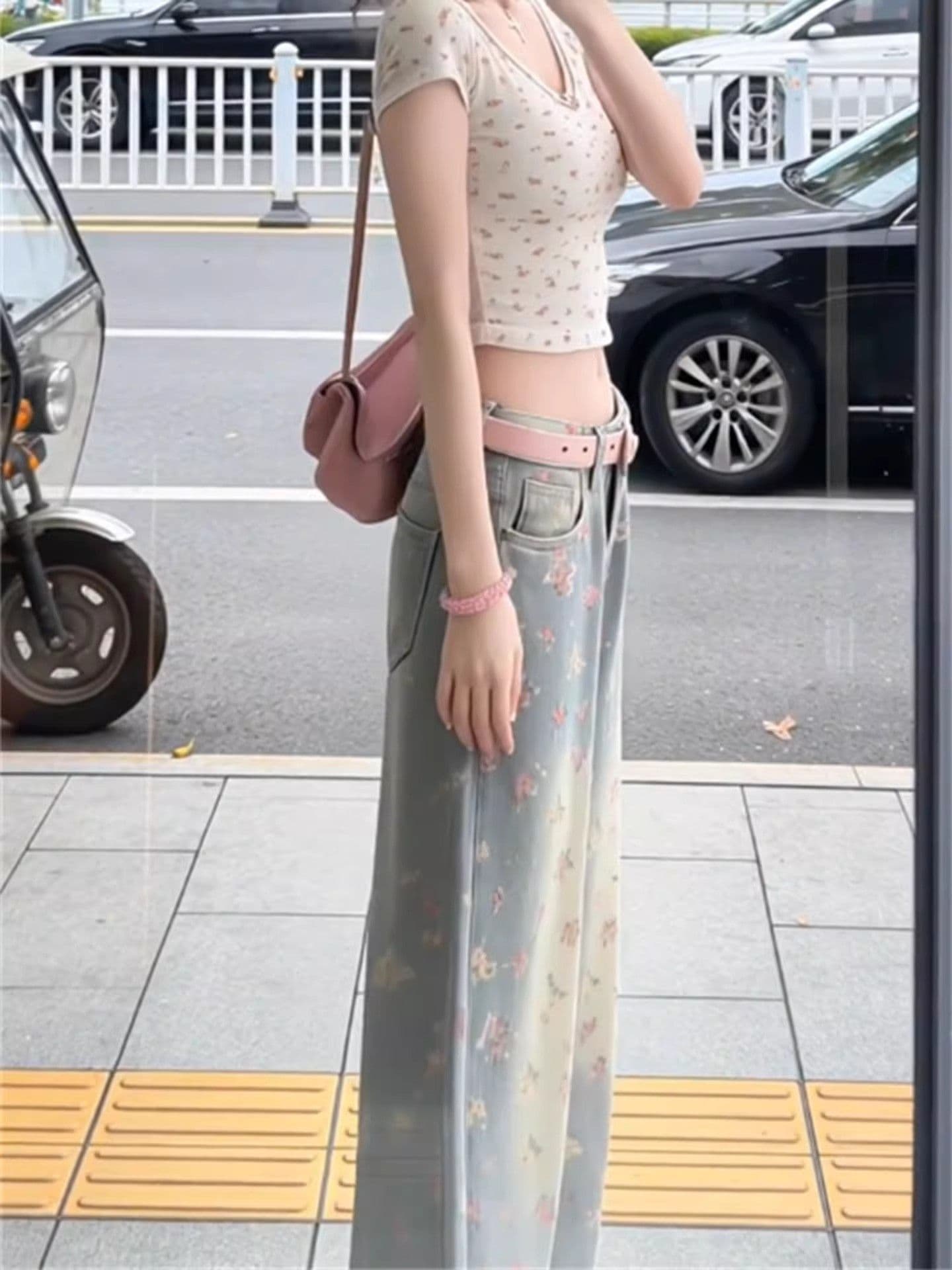 아메리칸 레트로 꽃무늬 하이웨이스트 단추 지퍼 청바지 여성 봄 가을 디자인 센스 마 오래된 워싱 다용도 긴 바지 트렌디 상세 이미지 4