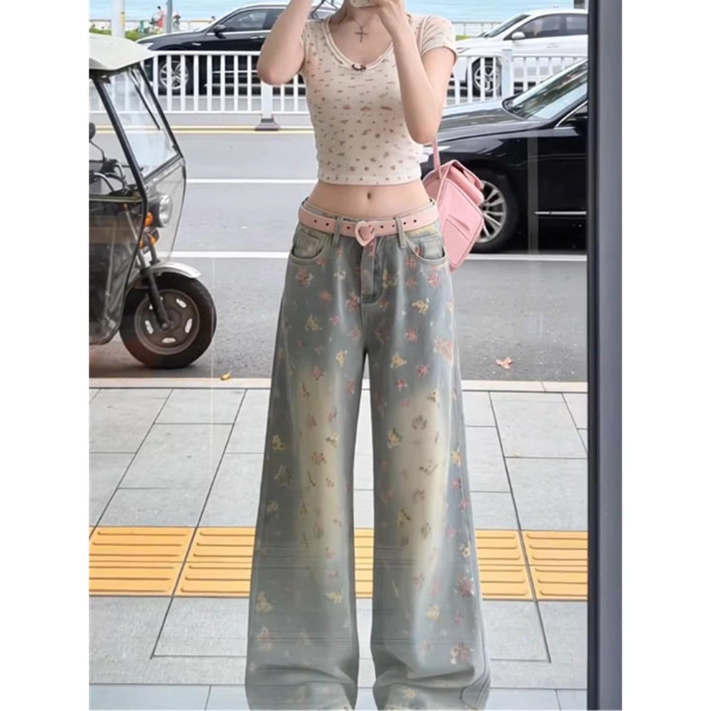 아메리칸 레트로 꽃무늬 하이웨이스트 단추 지퍼 청바지 여성 봄 가을 디자인 센스 마 오래된 워싱 다용도 긴 바지 트렌디 상세 이미지 6