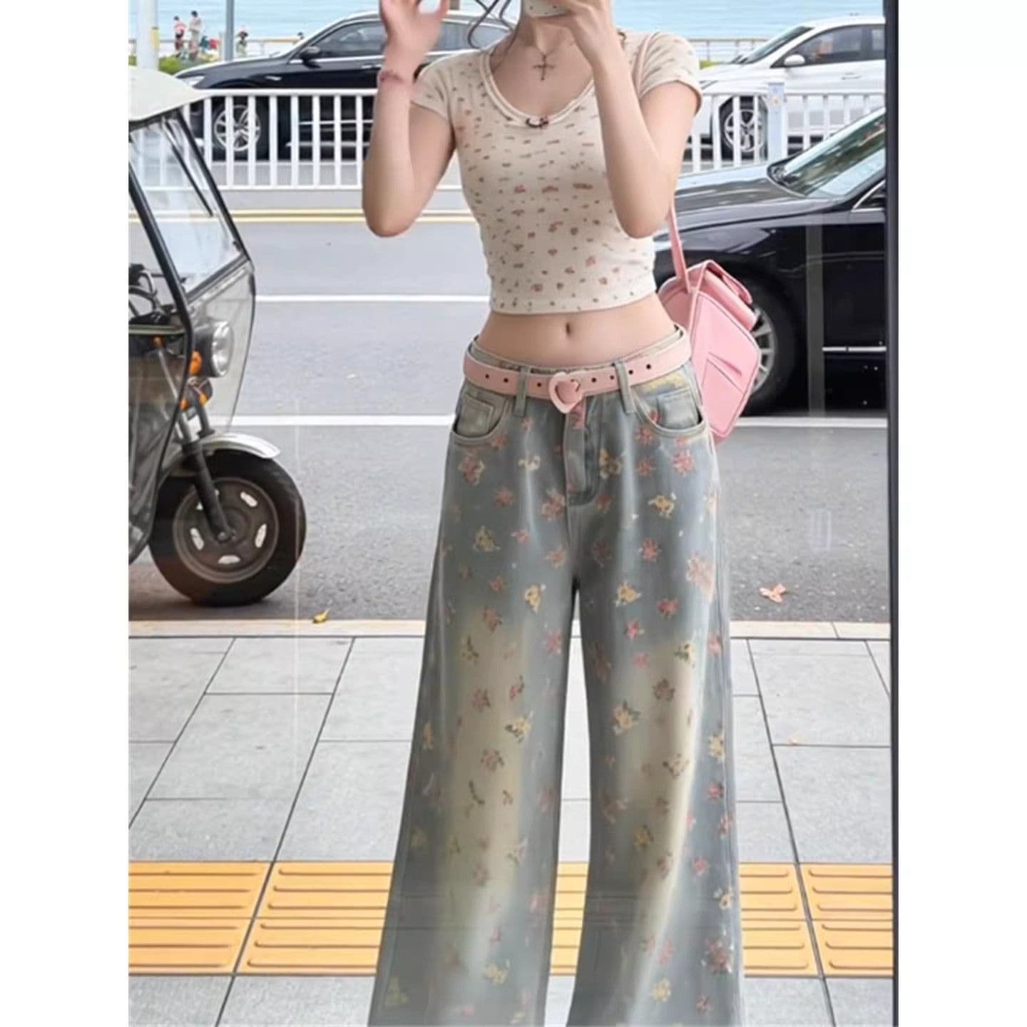 아메리칸 레트로 꽃무늬 하이웨이스트 단추 지퍼 청바지 여성 봄 가을 디자인 센스 마 오래된 워싱 다용도 긴 바지 트렌디 상세 이미지 7