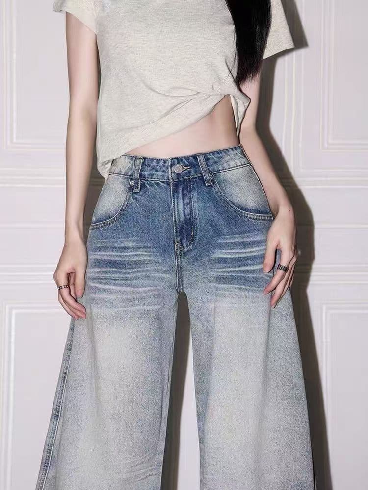아메리칸 레트로 파란색 자수 청바지 여성 봄 가을 워싱 고양이 반드시 루즈핏 넓은 다리 바닥 청소 도루 센스 모통이 칼 바지 상세 이미지 3