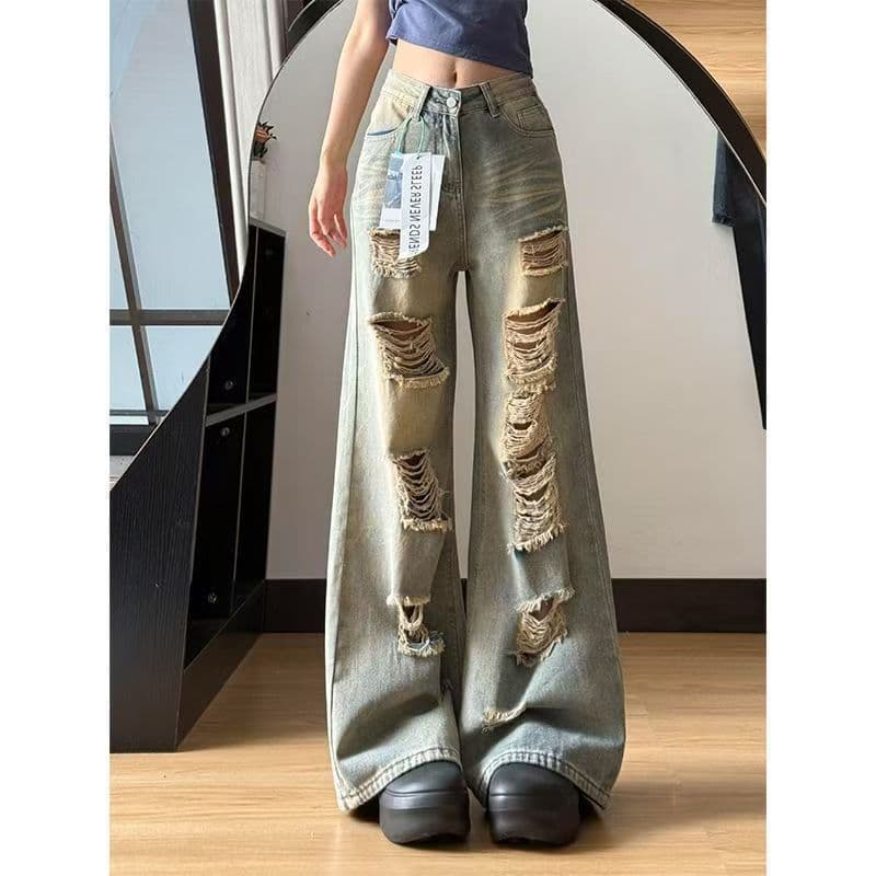 핫걸 Chic 워싱 마 오래된 찢어진 부분 청바지 여성 높음 거리 스트레이트 루즈핏 슬림해 보이는 새기다 빈 다리 캐주얼 바지 트렌디