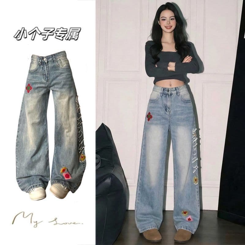봄 아메리칸 레트로 자수 비즈 박기 모통이 칼 청바지 여성 디자인 센스 루즈핏 슬림해 보이는 와이드 레그 팬츠 어린이 상세 이미지 1