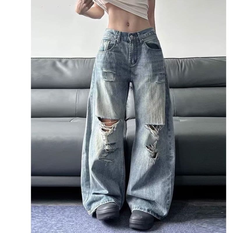아메리칸 높음 거리 찢어진 부분 디자인 센스 워싱 청바지 여성 여름 루즈핏 핫걸 하이웨이스트 넓은 다리 스트레이트 롱 바지