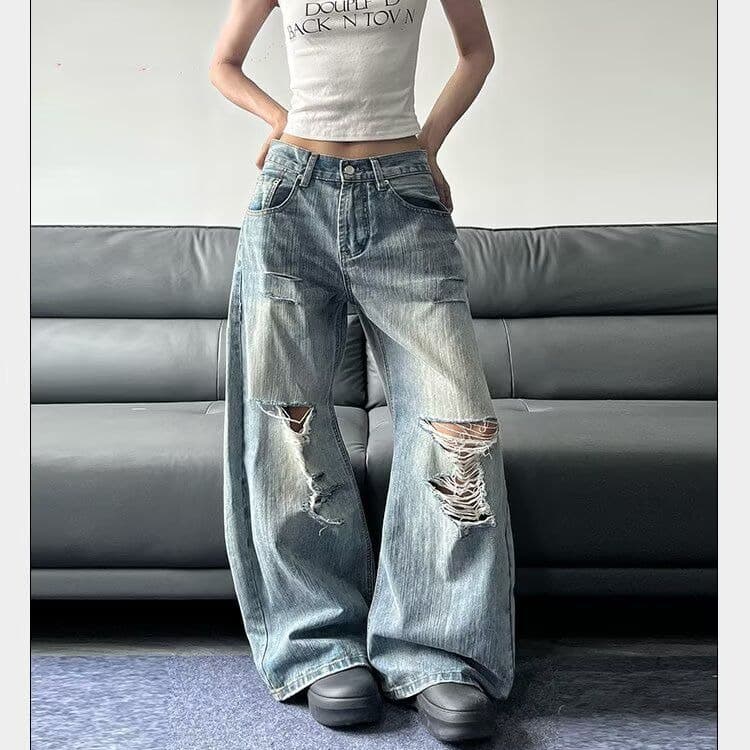 아메리칸 높음 거리 찢어진 부분 디자인 센스 워싱 청바지 여성 여름 루즈핏 핫걸 하이웨이스트 넓은 다리 스트레이트 롱 바지 이미지 2