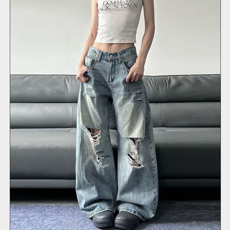 아메리칸 높음 거리 찢어진 부분 디자인 센스 워싱 청바지 여성 여름 루즈핏 핫걸 하이웨이스트 넓은 다리 스트레이트 롱 바지 이미지 4