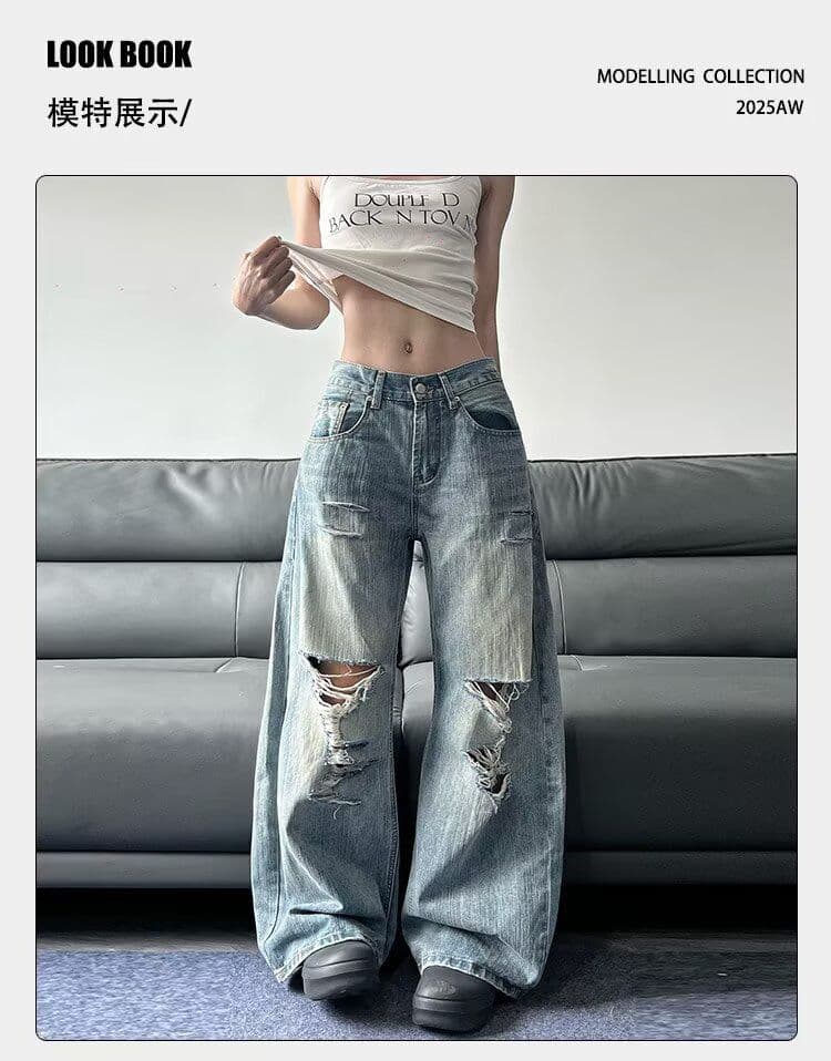 아메리칸 높음 거리 찢어진 부분 디자인 센스 워싱 청바지 여성 여름 루즈핏 핫걸 하이웨이스트 넓은 다리 스트레이트 롱 바지 상세 이미지 2