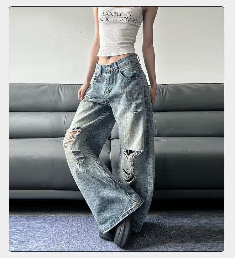 아메리칸 높음 거리 찢어진 부분 디자인 센스 워싱 청바지 여성 여름 루즈핏 핫걸 하이웨이스트 넓은 다리 스트레이트 롱 바지 상세 이미지 7