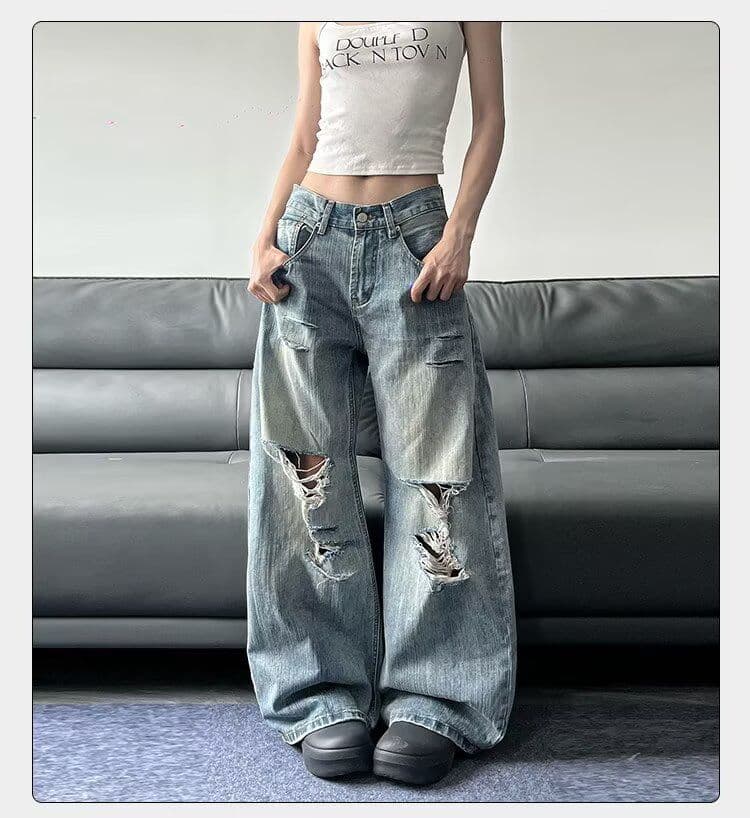 아메리칸 높음 거리 찢어진 부분 디자인 센스 워싱 청바지 여성 여름 루즈핏 핫걸 하이웨이스트 넓은 다리 스트레이트 롱 바지 상세 이미지 8