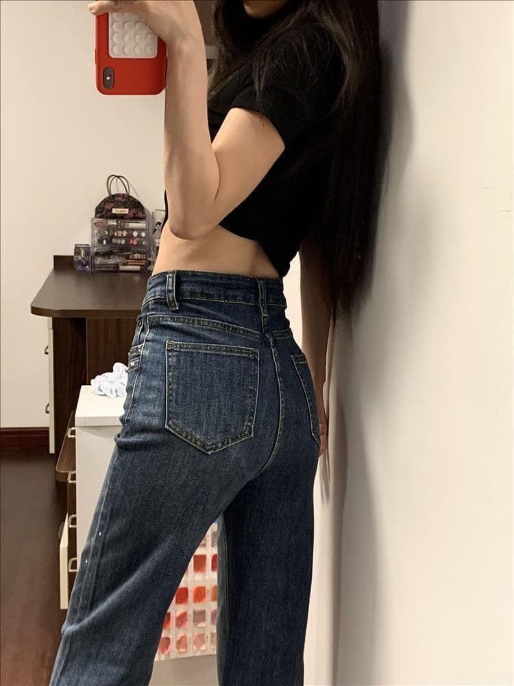 달콤한 차가운 개성 핫픽스 부츠컷 청바지 여성 봄 가을 새로운 하이웨이스트 슬림해 보이는 개성 마이크로 폭탄 나팔 청바지 이미지 2