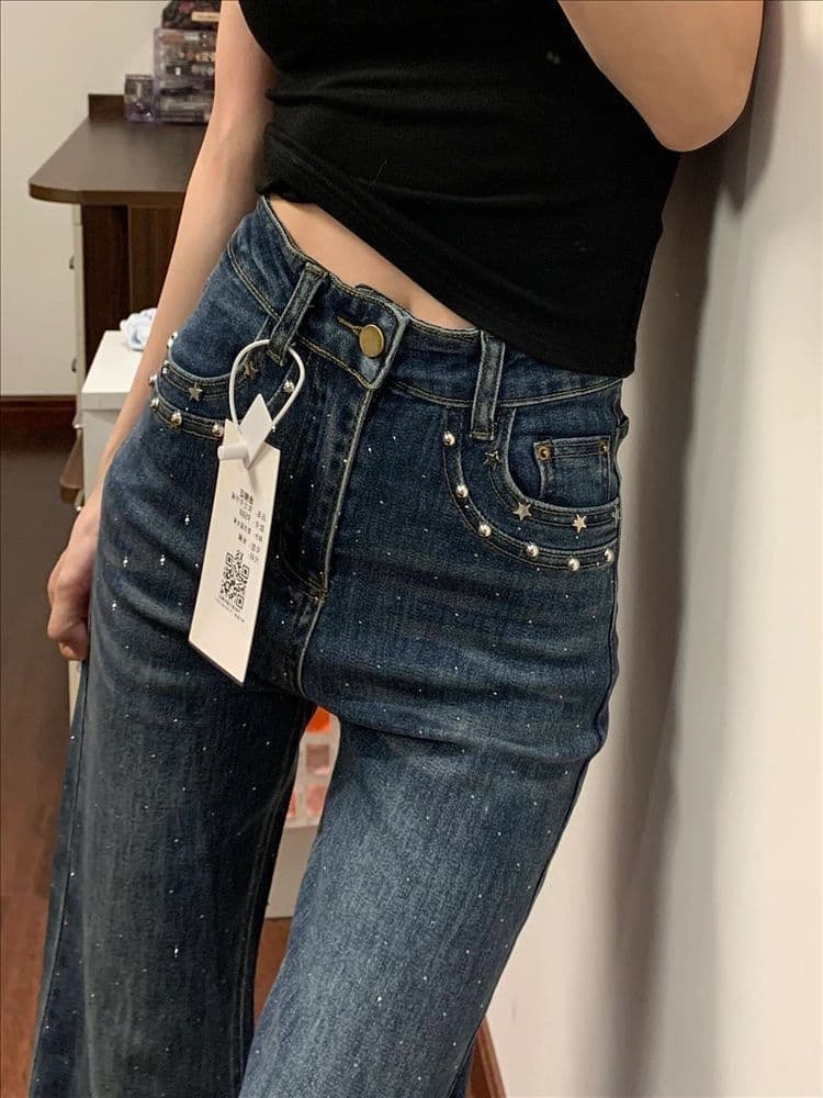달콤한 차가운 개성 핫픽스 부츠컷 청바지 여성 봄 가을 새로운 하이웨이스트 슬림해 보이는 개성 마이크로 폭탄 나팔 청바지 이미지 4