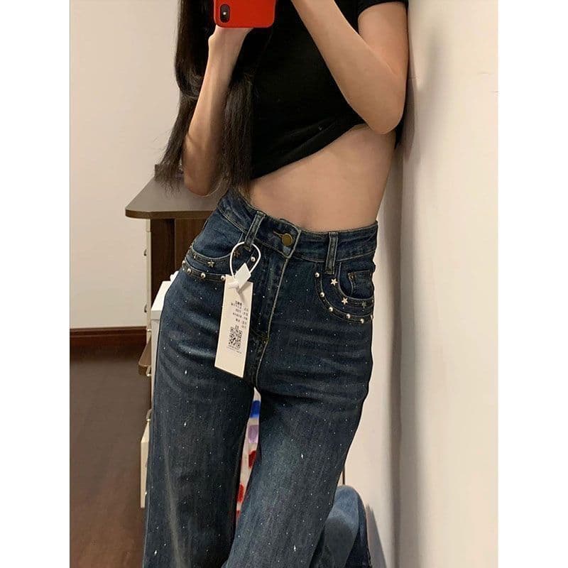 달콤한 차가운 개성 핫픽스 부츠컷 청바지 여성 봄 가을 새로운 하이웨이스트 슬림해 보이는 개성 마이크로 폭탄 나팔 청바지 상세 이미지 3