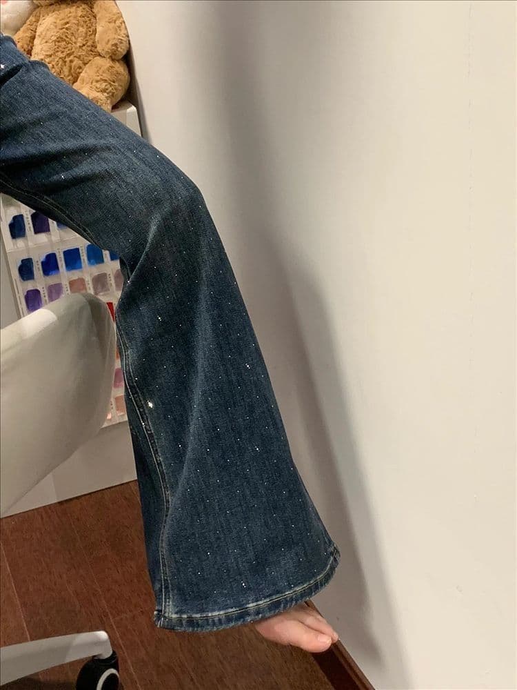 달콤한 차가운 개성 핫픽스 부츠컷 청바지 여성 봄 가을 새로운 하이웨이스트 슬림해 보이는 개성 마이크로 폭탄 나팔 청바지 상세 이미지 5
