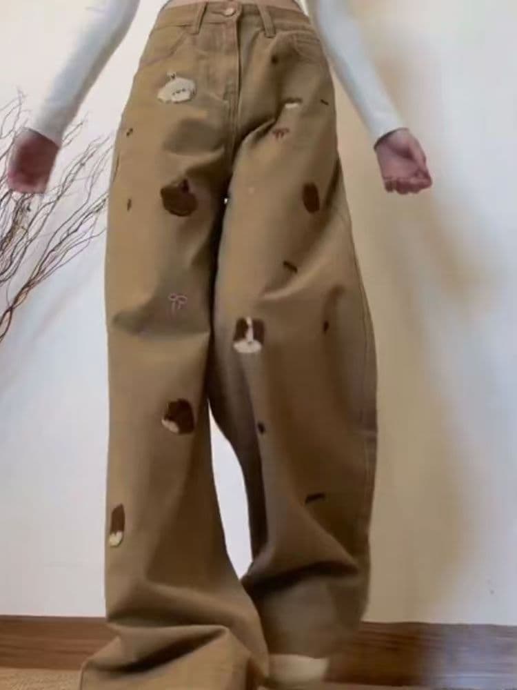 달콤한 차가운 핫걸 아메리칸 바람 강아지 자수 넓은 다리 청바지 여성 카키 색 루즈핏 느긋한 스트레이트 바닥 청소 긴 바지 이미지 3