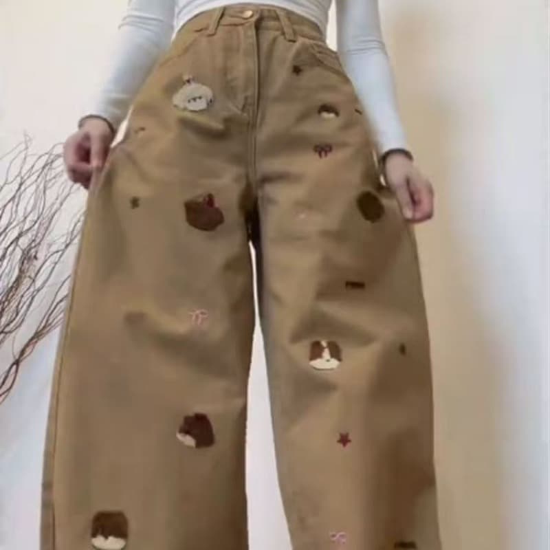 달콤한 차가운 핫걸 아메리칸 바람 강아지 자수 넓은 다리 청바지 여성 카키 색 루즈핏 느긋한 스트레이트 바닥 청소 긴 바지 이미지 5